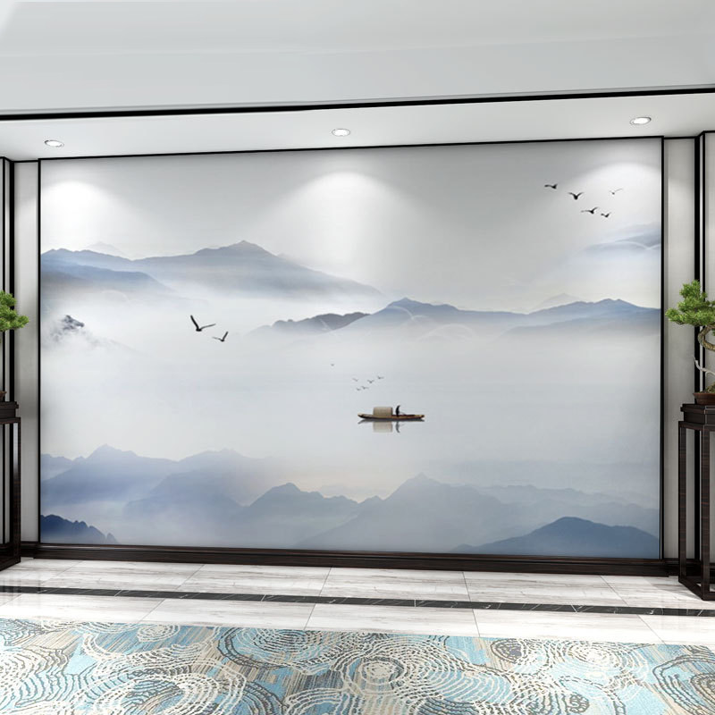 3D水墨山水中式床头沙发定制壁画客厅8D电视背景墙壁纸画墙布墙纸