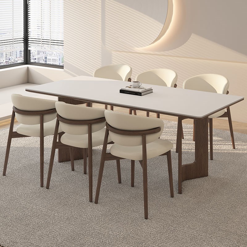 德利丰实木岩板餐桌家用长方形奶油中古风高级感全托小户型饭桌子