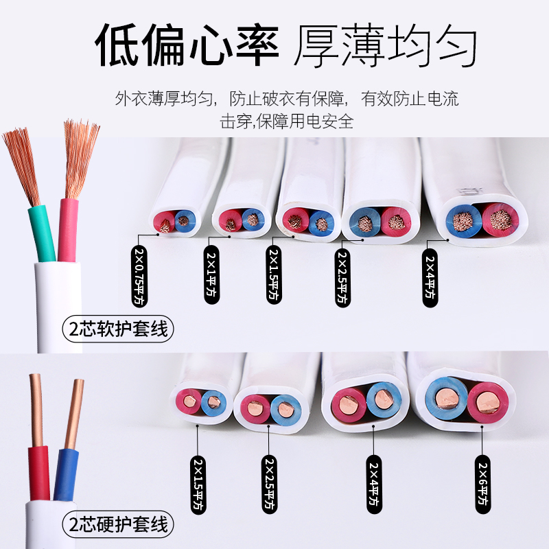 2芯RVVB铜芯护线芯铜线电线2* 2X1.5 平方家装多股软线