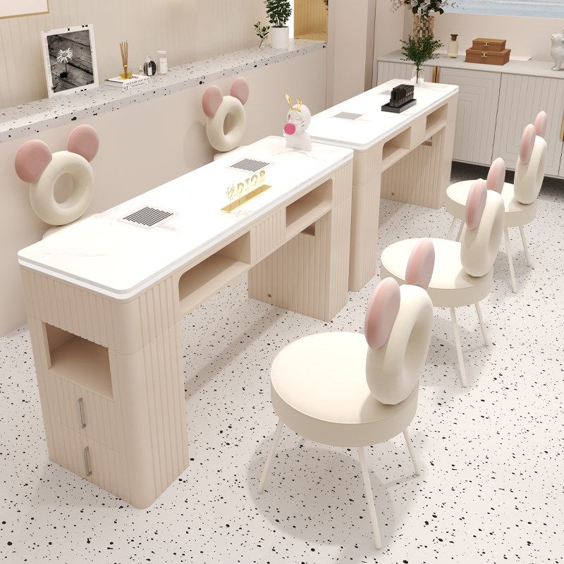 铁叮当高端奶油风美甲桌椅套装大理石桌面自带吸尘器插座修甲台