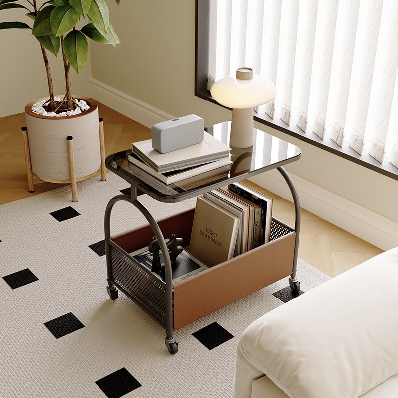 带轮可移动客厅沙发边几简约侘寂风小户型不占地小茶几玻璃小推车