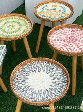 跨藤编手工织多茶彩编小境几家用轻奢贝壳收纳托盘沙发边96019几