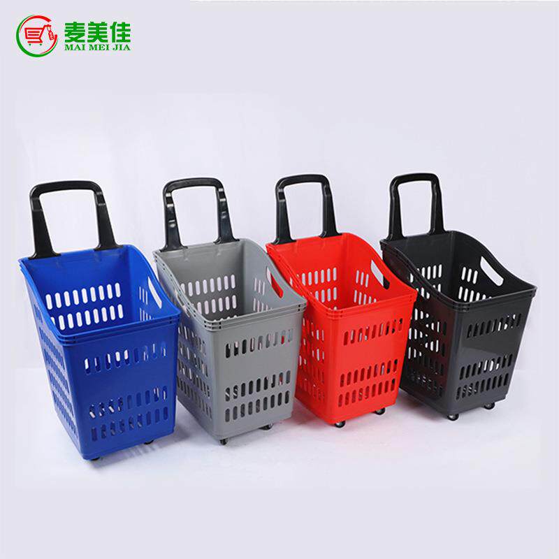 商场MJ-SSB10大购物篮厂直销家杆大升数四轮塑料拉篮塑料拉杆购物