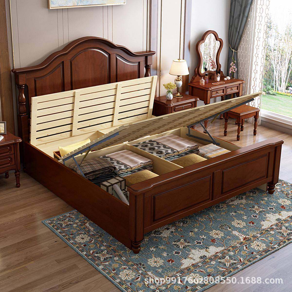 美式实木床桃花木18芯米双人床卧室1..5m约现8819#代简实木高箱双