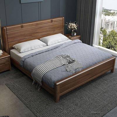 2胡桃木实木床新中式1.824米双人床米大床1.床5m单人储高箱物主卧