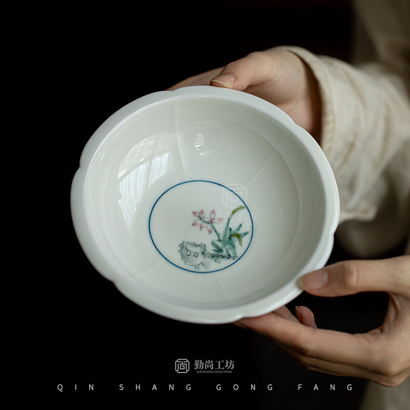 手绘兰花陶瓷茶承盖碗底托