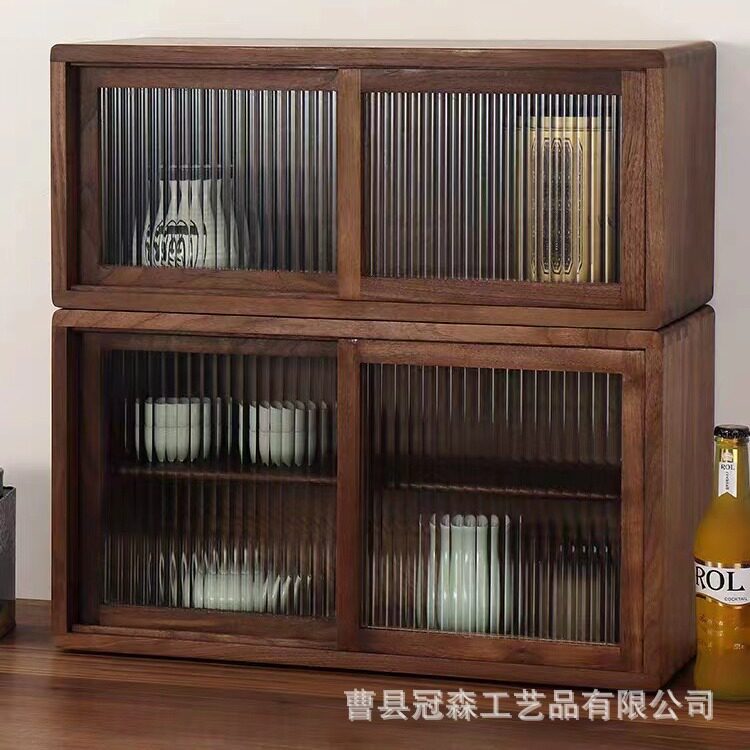 黑胡桃木玻璃推拉门三层餐边柜