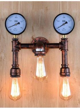 口美式复古铁艺管壁B2030灯创意欧工水业风酒吧过道三头钟表l出ed