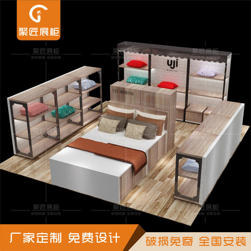 商场中岛家纺展柜床上用品陈列柜木制烤漆展示床四件套靠墙高柜