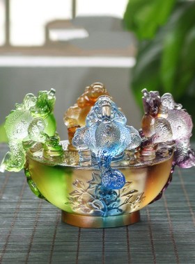 琉璃四方纳财招财聚财金蟾聚宝盆客厅办公室店铺开业摆件工艺品