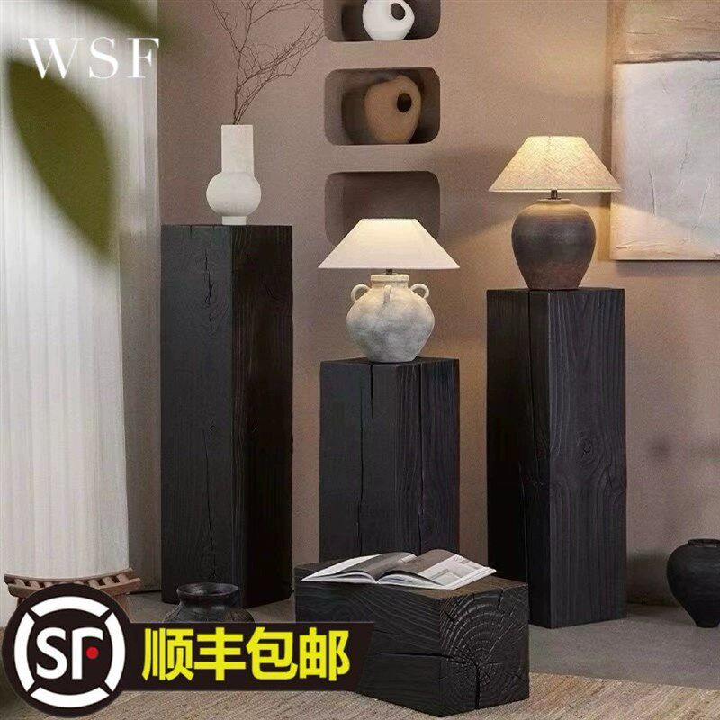 侘寂碳化黑色原木民宿方形树桩摆件创意复古做旧实木花盆底座家用