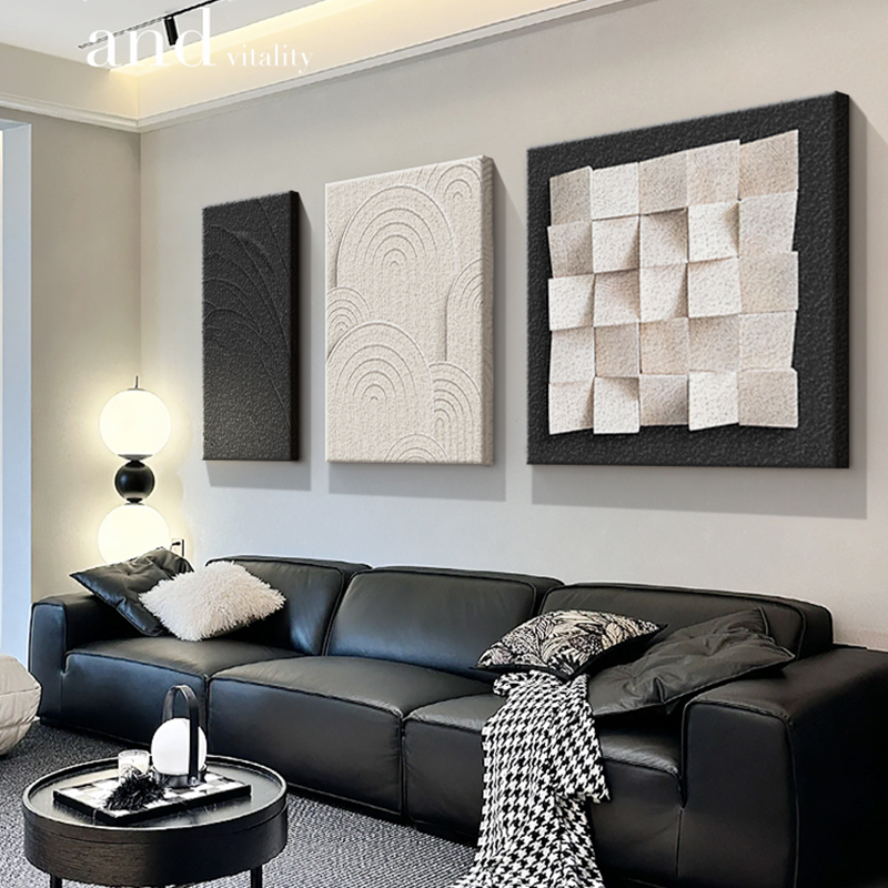 高级感简约客厅装饰画现代极简沙发背景墙砂岩画抽象三联组合挂画
