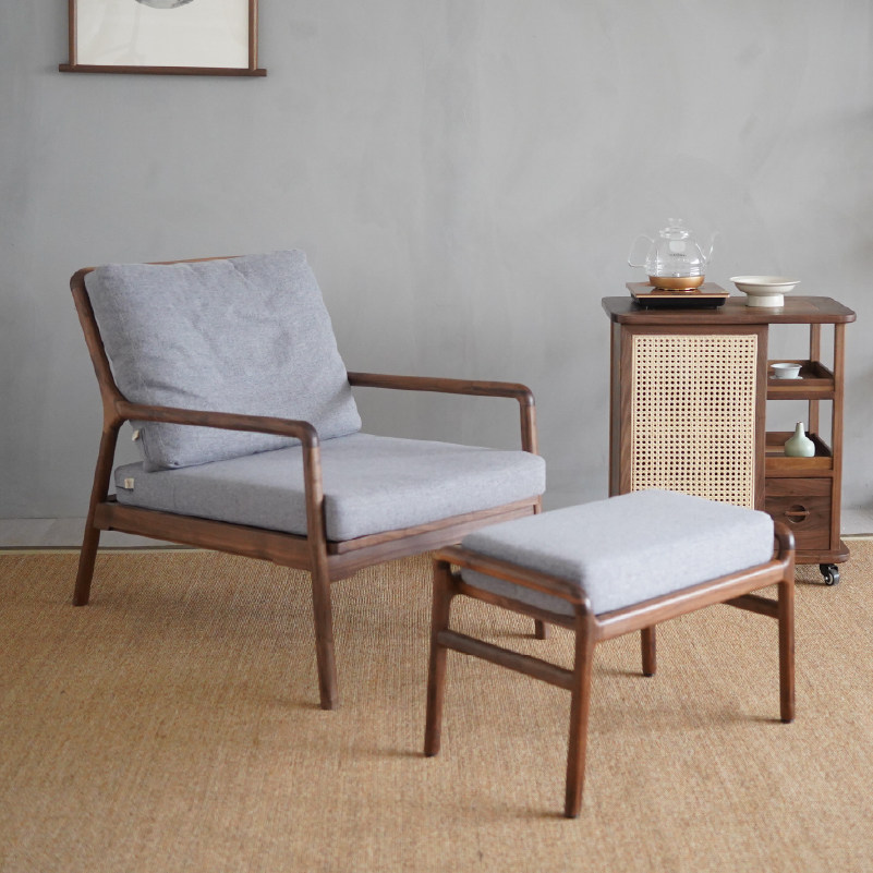 北美黑胡桃木布艺休闲椅实木餐椅单人沙发椅家用中式躺椅极简书椅