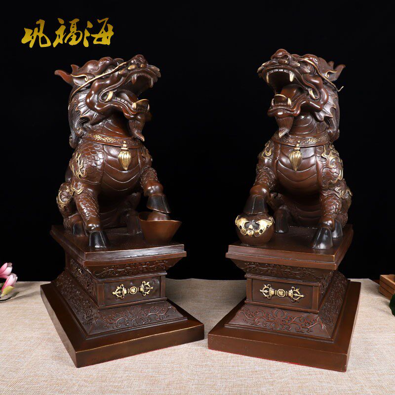 巩福海 铜麒麟摆件一对 大号铜元宝纳福麒麟家居装饰摆设开业礼品