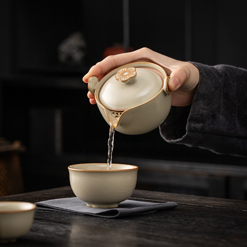 米黄汝瓷快客杯一壶三杯便携式旅行功夫茶具小装个人家用泡茶壶