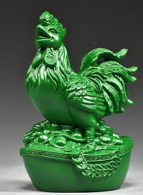 绿色木雕刻鸡摆件十二肖纯木头GG01088公鸡补饰角吉祥物风实水装