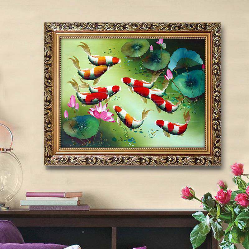 中式客厅玄关挂画公室式油画办鱼图装饰画书新LJ9233房有框画单欧