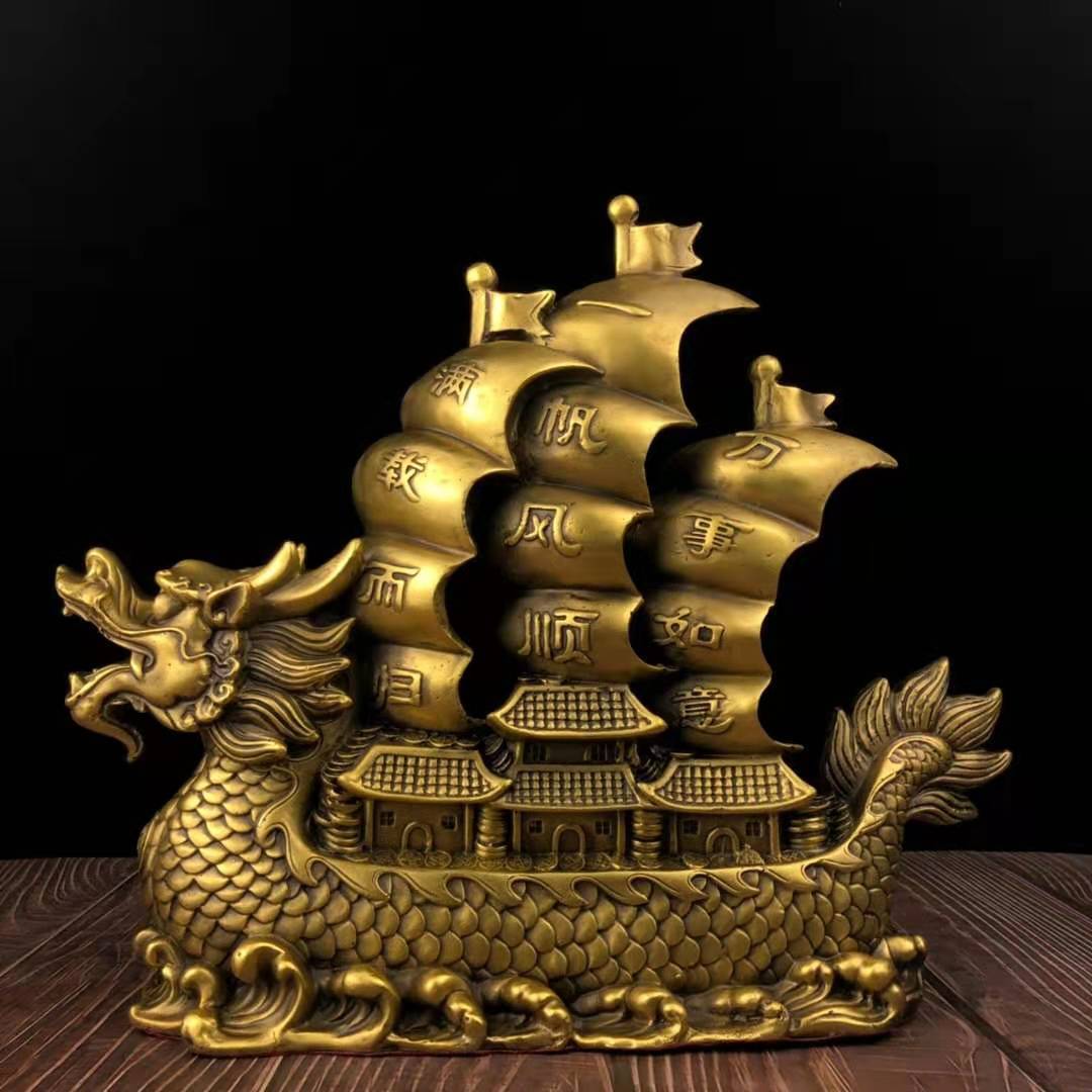 铜质一帆风顺龙船桌面摆件