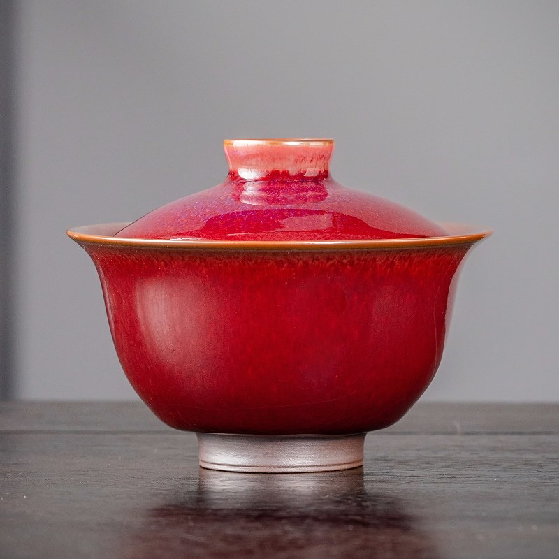 琅红冰花盖碗茶杯陶瓷茶具茶碗泡茶器粗陶家用复古红色二才盖碗