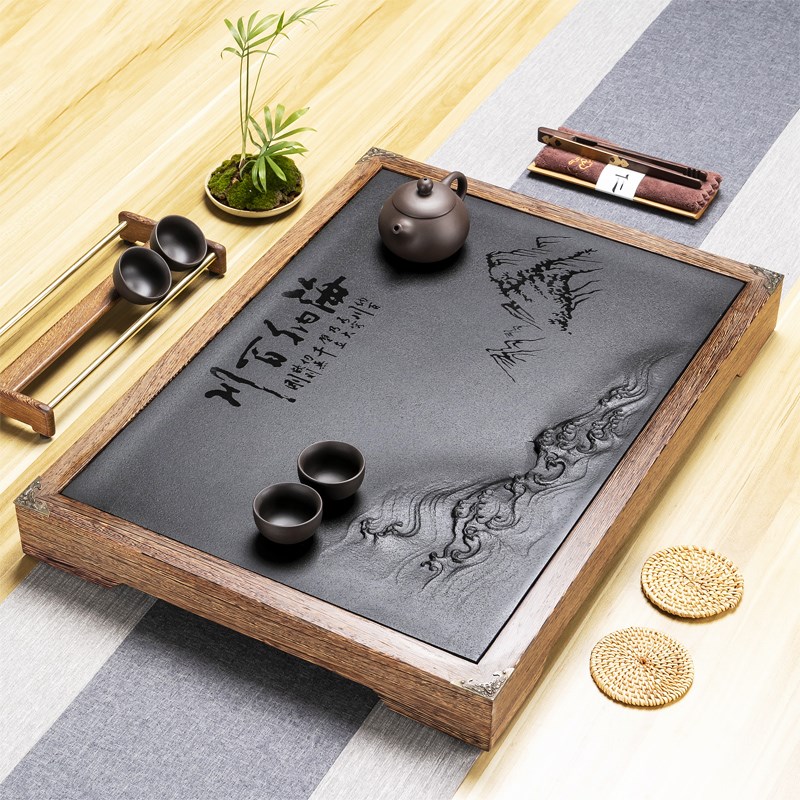 乌金石茶盘家用简约鸡翅实木茶盘茶台茶托盘石头制茶盘套装排水管