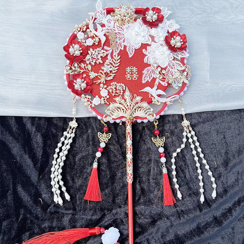 团扇喜扇新娘结婚中式婚礼秀禾服出嫁婚扇高级diy材料红色双面扇