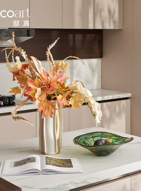 邸高家居售楼处样板间现代餐厅台花瓶琉璃宝石绿细纹果盘装饰摆件