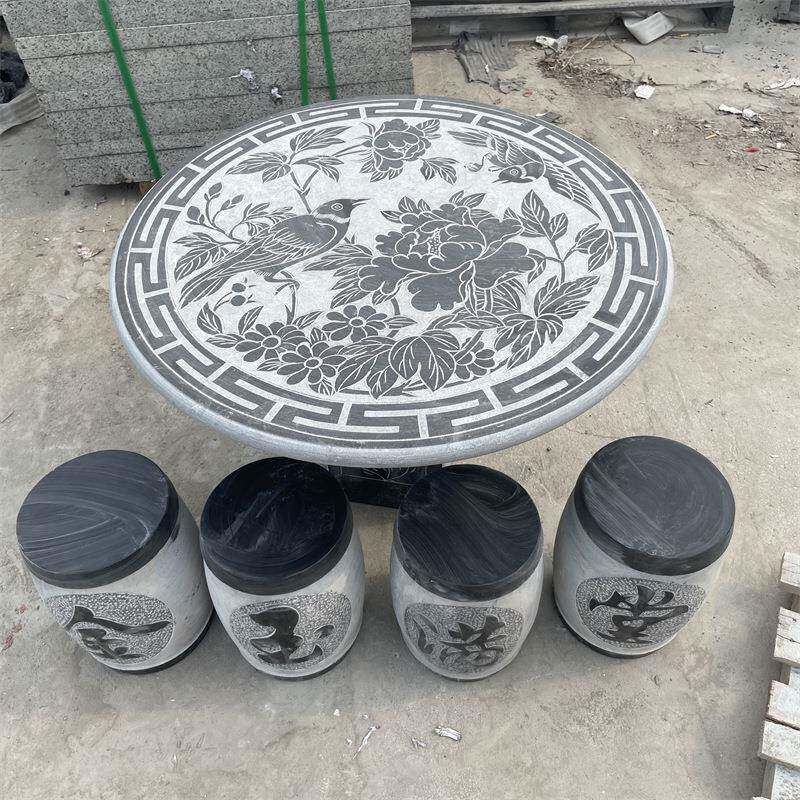中式石桌石石凳一庭院花273园家用套户外墅天别然青石雕刻圆桌方