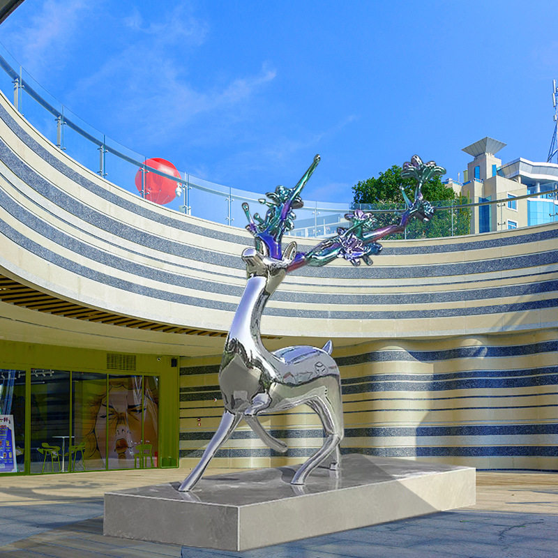 大型不锈钢雕塑镜面鹿酒店广场景区校园月亮圆环浪花户外园林景观