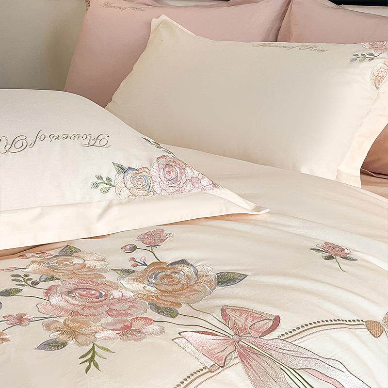 花卉刺绣6件0支纯棉被套棉四套IGQ全棉床单长绒100被罩高端上床用