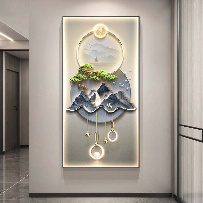 迎客松玄关山水装饰画过道走廊楼梯风景挂画入户正对门轻奢壁画灯