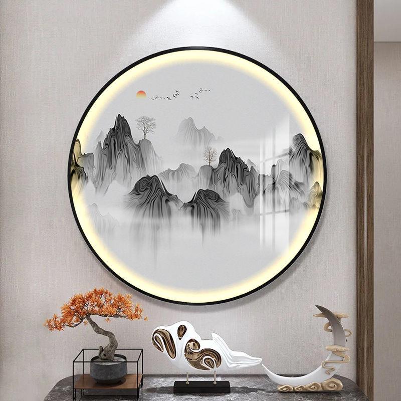 新中圆形灯画玄水关式茶书房背景装饰画墨风景RDZ意境山水室圆挂