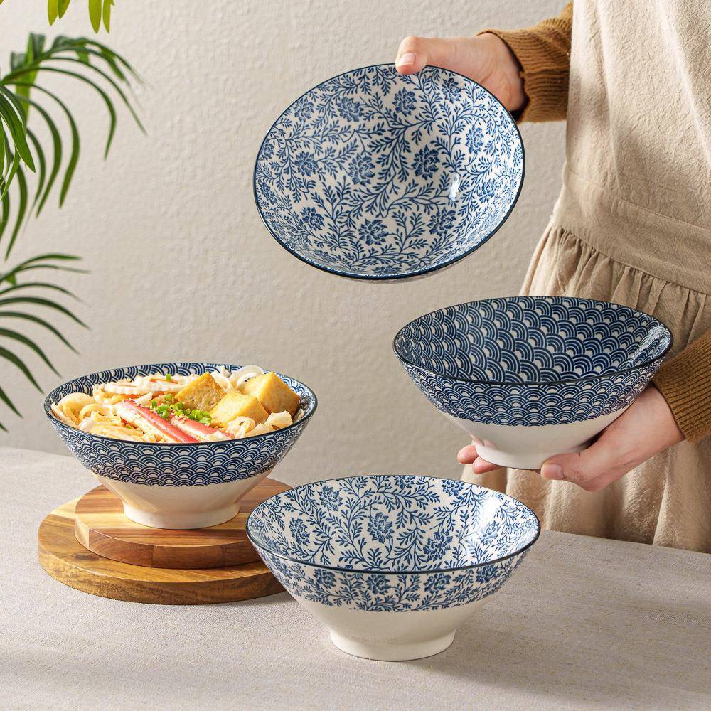 日式釉下复古套彩装组合烫餐具家用陶瓷碗汤饭碗花边碗双H1582耳