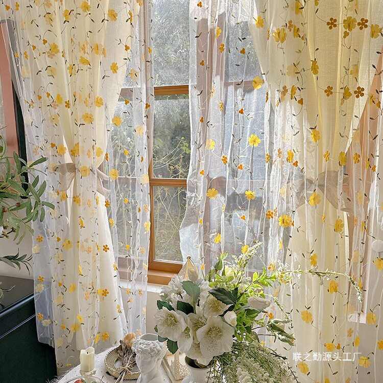 美式田园绣花双层纱帘法式奶油风窗帘卧室飘窗半帘门帘网纱碎