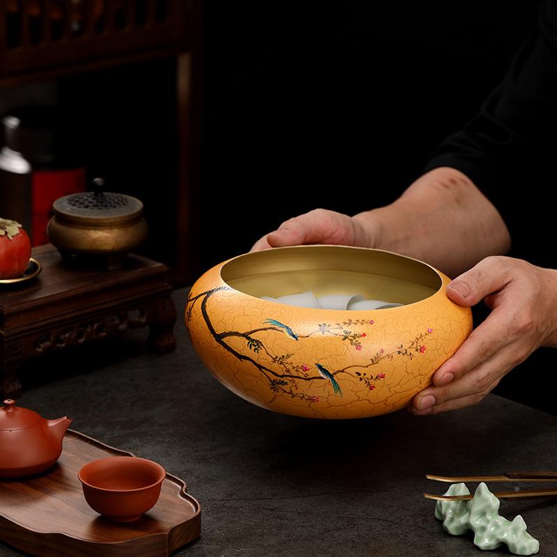 复高古水墨风手绘铜制洗家用档大容量纹茶笔HRR洗冰裂建水大号茶