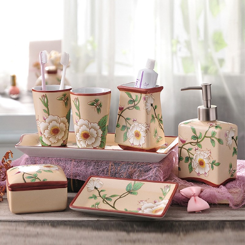 陶瓷卫浴五件洗漱装卫生间高端浴室陶瓷刷牙杯漱口杯托盘