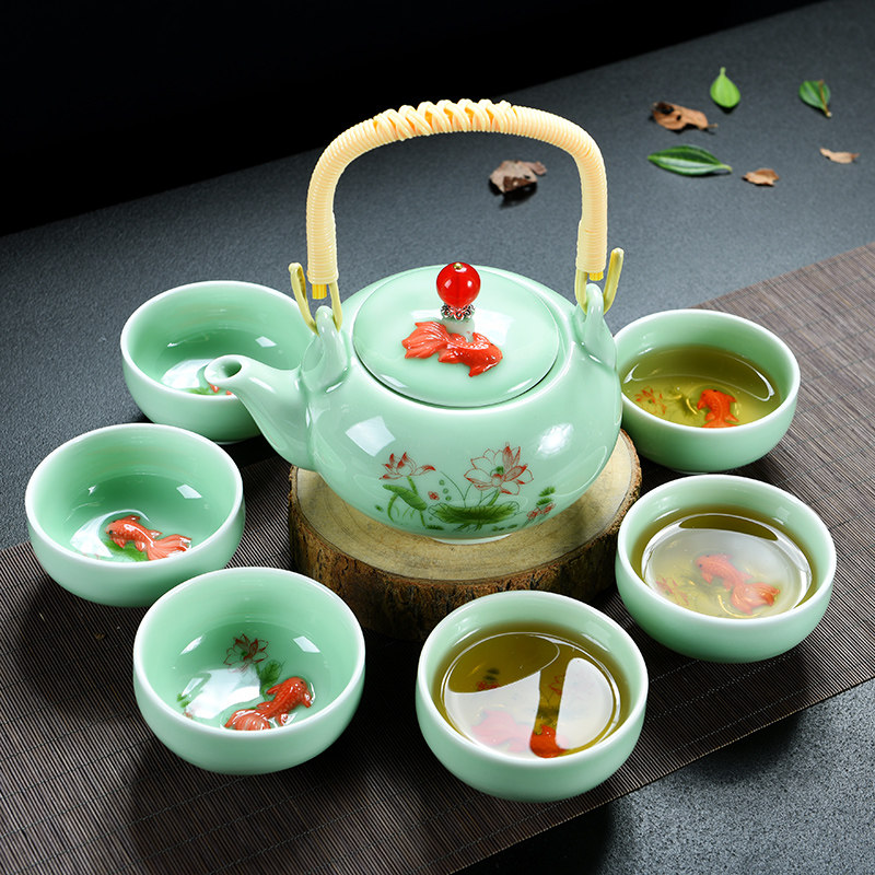 陶瓷茶具套装功夫茶具整套青瓷提梁壶大号古陶泡茶具仿古茶壶茶杯