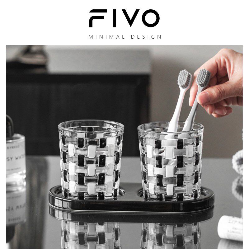 FIVO中古经典黑白棋盘格玻璃漱口杯法式家用洗漱口杯刷牙杯牙缸
