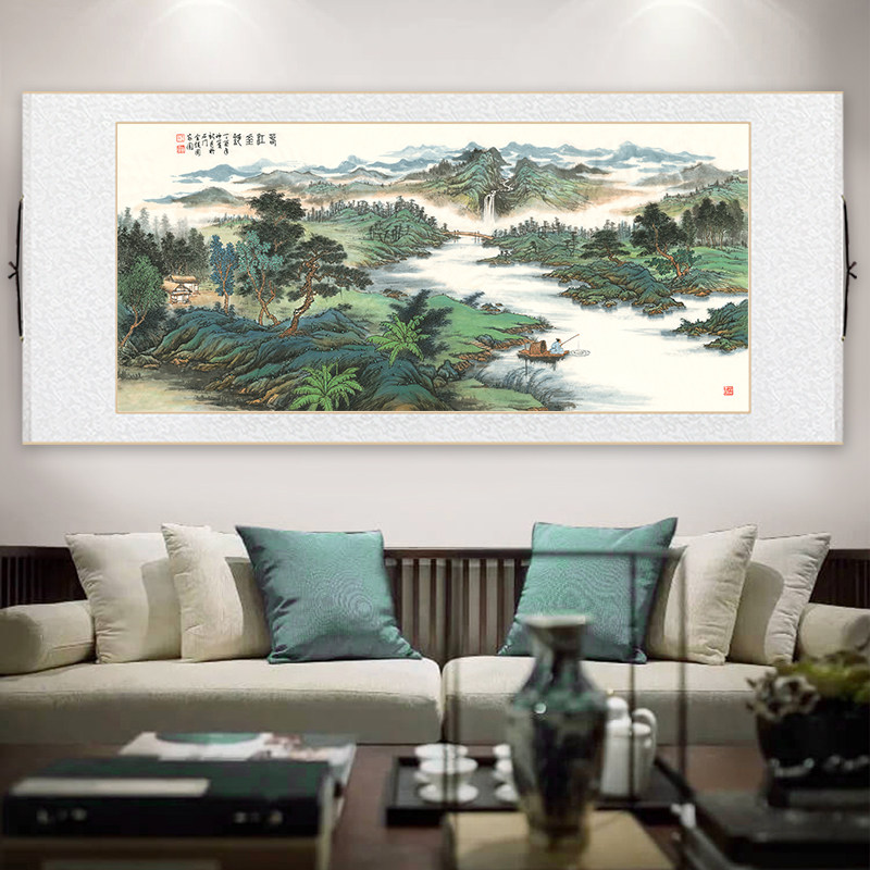 春江坐钓图中式客厅装饰画卷轴挂画青山绿水山水画办公室茶室壁画