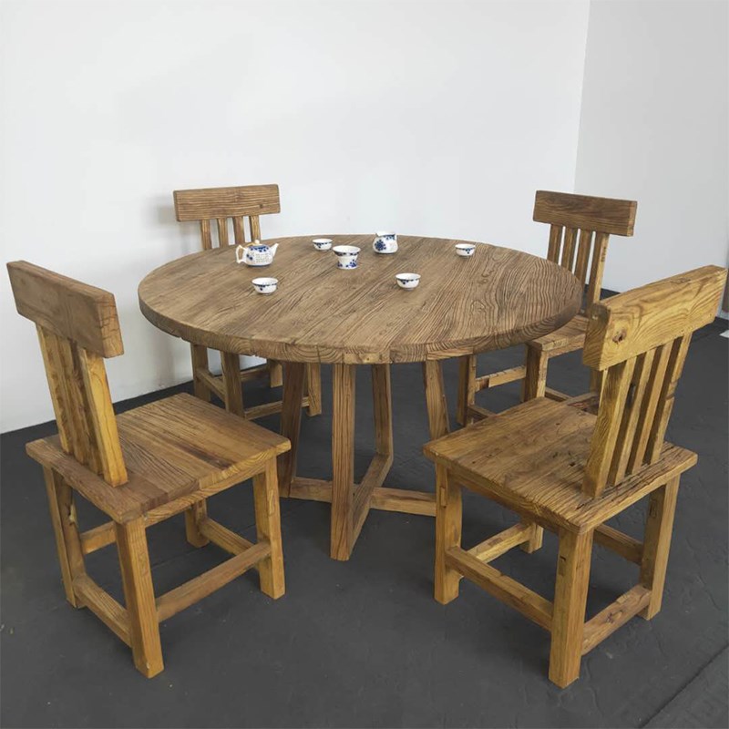 老榆木圆桌实木茶几风化复古圆形茶台旧木板圆餐桌民宿家具定制