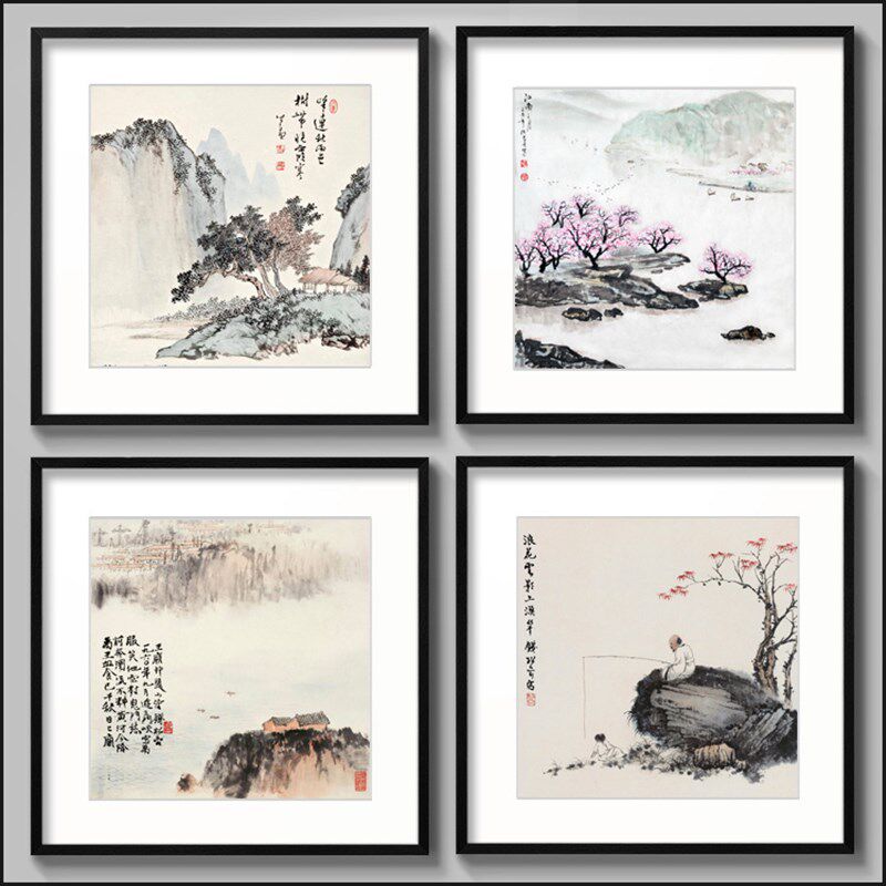 水墨中式画现代客厅装饰画有框画国画酒店饭店餐厅壁画山水墙挂画