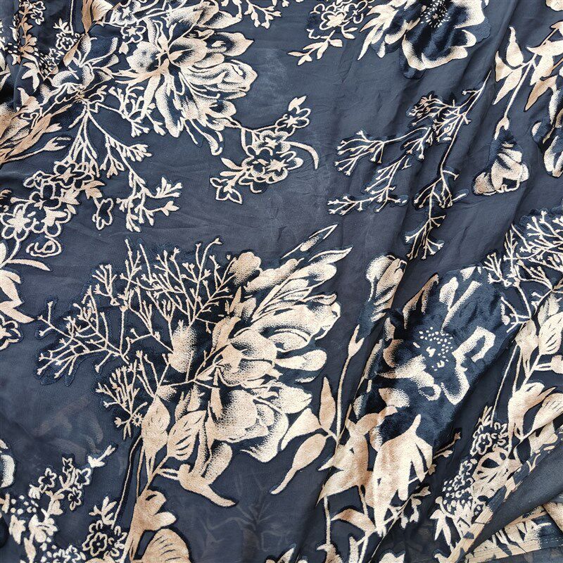 香云纱真丝绒面料 宽幅135Cm过泥真丝绒布 牡丹花丝绸烂花绒布料