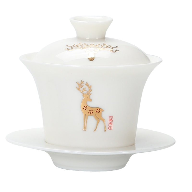 紫不语羊脂玉盖碗 金鹿陶瓷功夫茶具泡茶碗家用白瓷三才碗盖杯