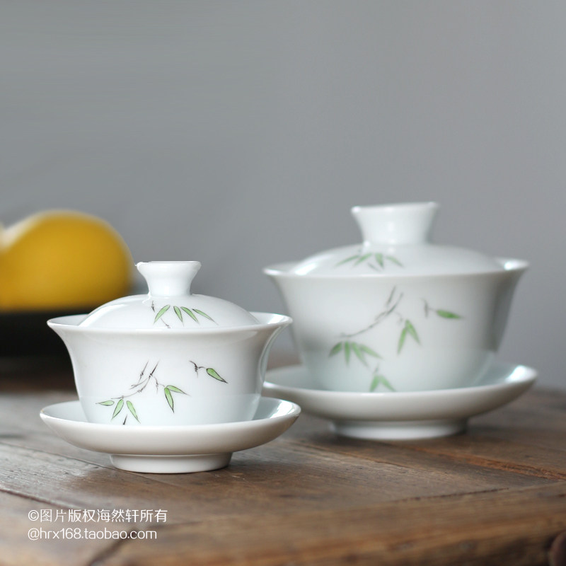 青花瓷功夫茶具釉上彩手绘竹叶子盖碗陶瓷单丛茶三才碗泡茶碗小号
