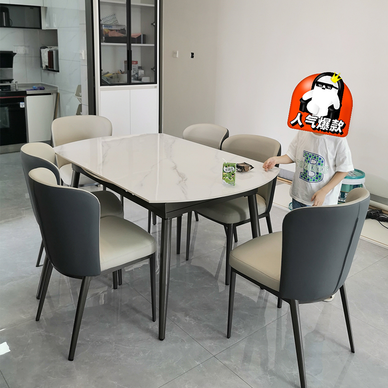 梵普森意式极简可伸缩圆桌小户型家用可方可圆岩板折叠餐桌椅