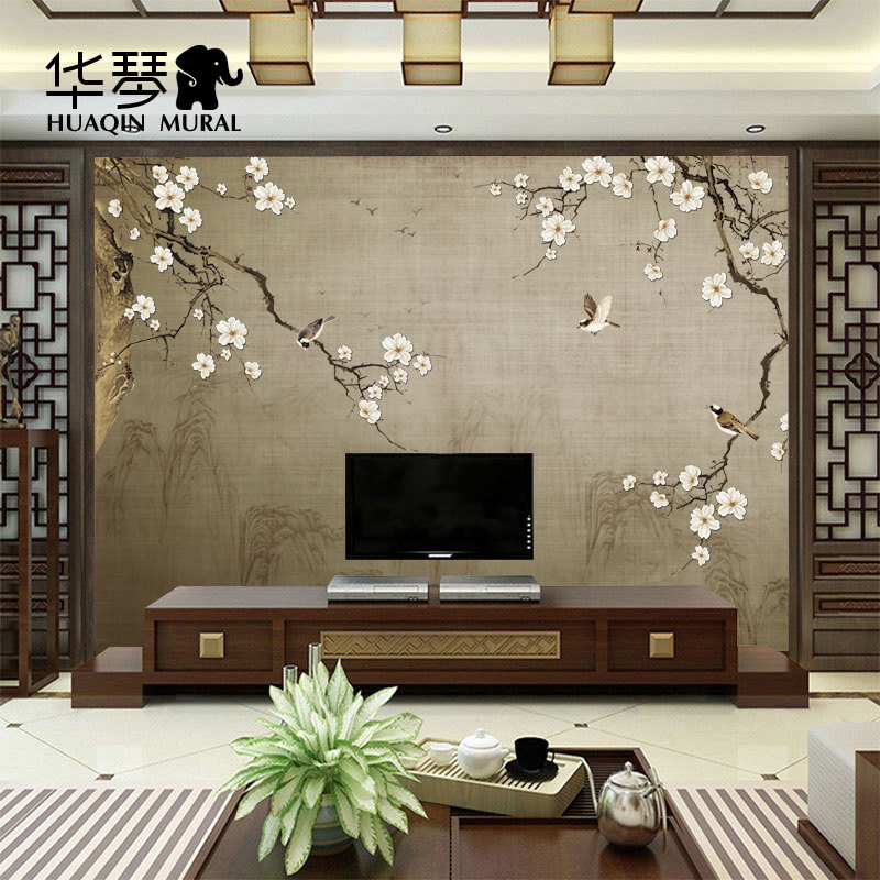 古风中式古典花鸟梅花麻雀喜鹊山水壁画客厅卧室电视背景墙墙布