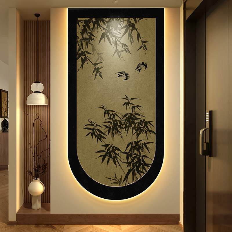 中古风玄关装饰画墨竹子入户拱形挂画法式复古竹报平安走廊壁灯画