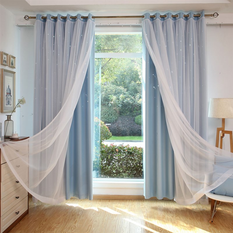 简约遮光韩式镂空星星层布纱纯色公主粉色女孩卧室窗帘成品热卖