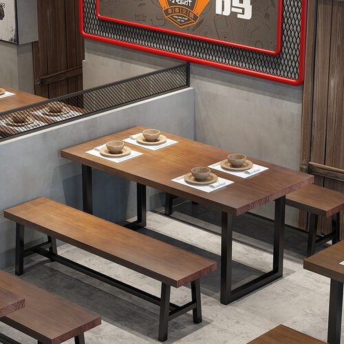 工业风咖啡休闲桌子实木长方形餐桌长凳复古火锅烧烤店餐桌椅组合