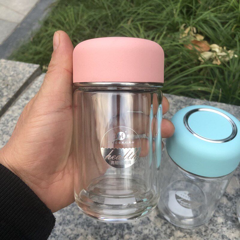 明霞双层水杯带盖迷你加厚高硼硅玻璃杯便携车载泡茶杯子150毫升