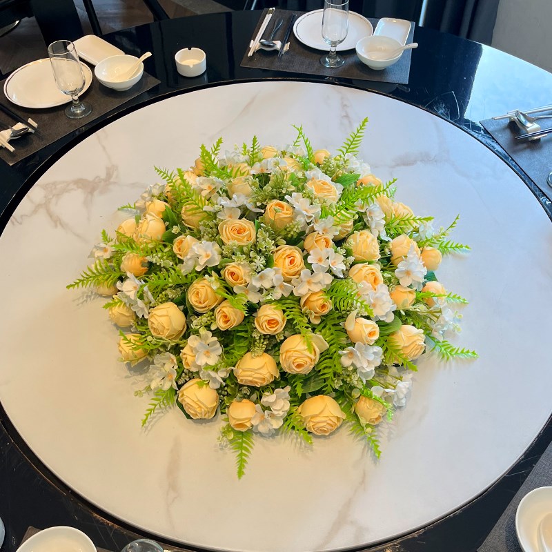 高端大圆桌中间摆花餐桌花酒店转盘装饰花假花仿真花台花绢花摆件
